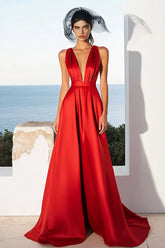 Rotes Satin Abendkleid mit V-Ausschnitt in A-Linie